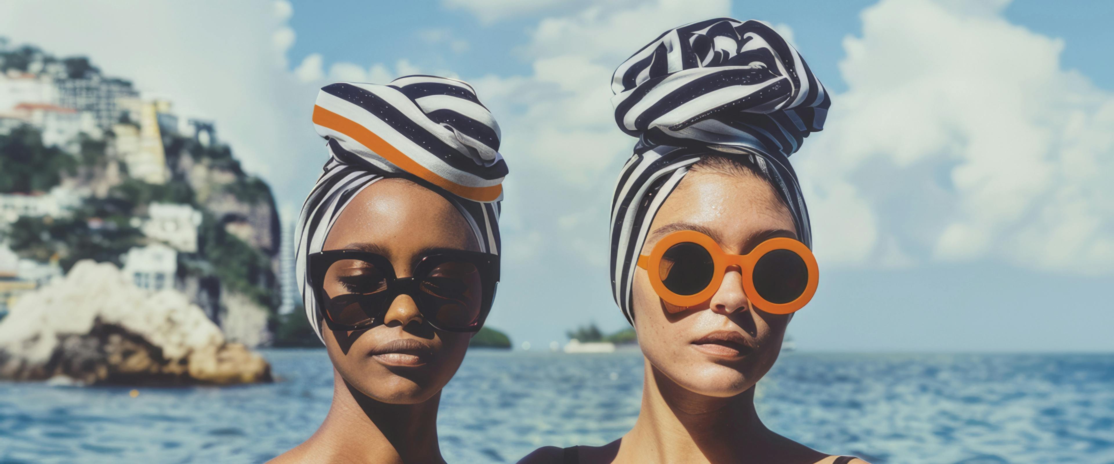 Women wearing branded headscarves with Crosta Mollica’s stripes.