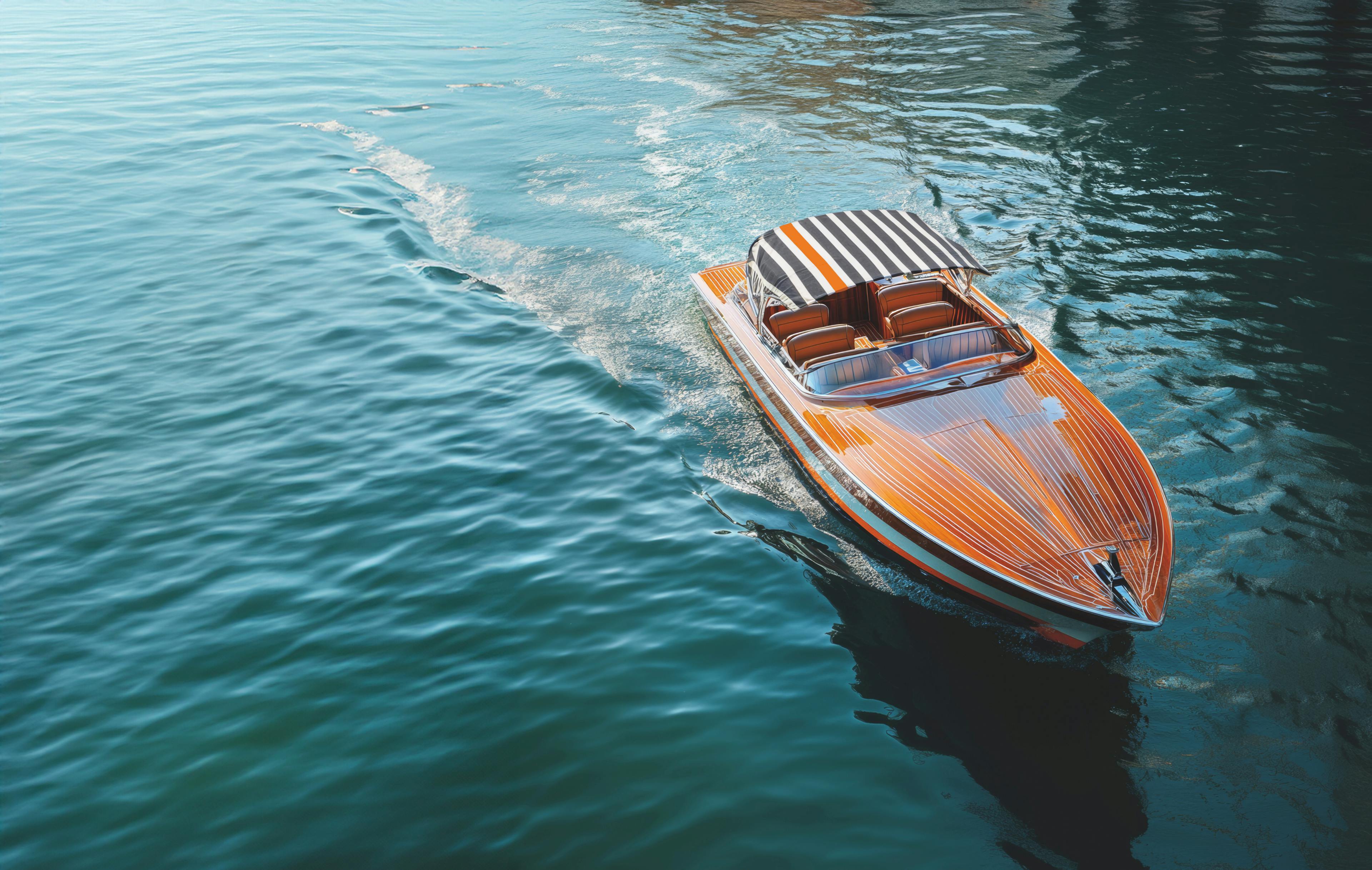 Boat on water branded with Crosta Mollica’s stripes.