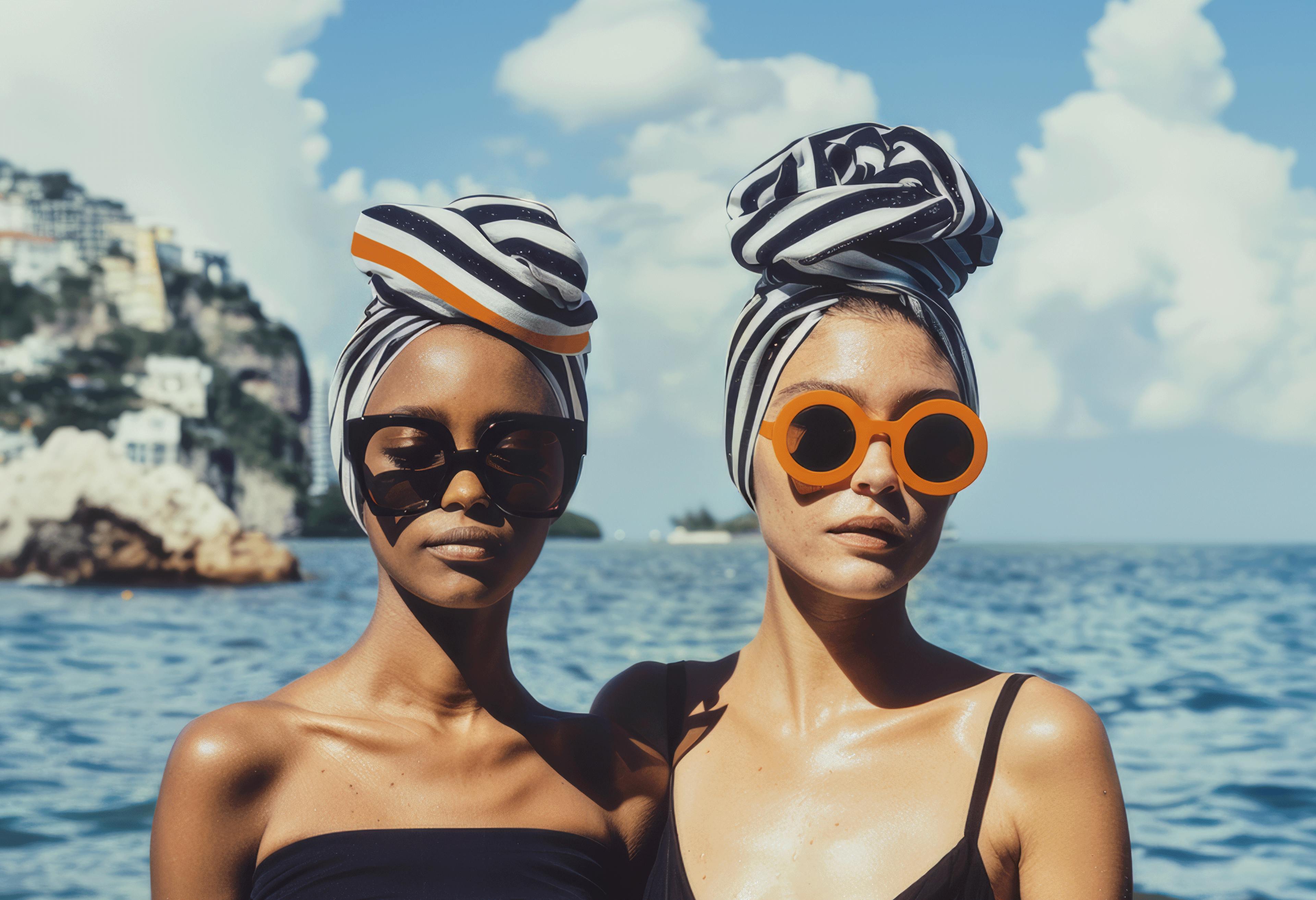 Women wearing branded headscarves with Crosta Mollica’s stripes.