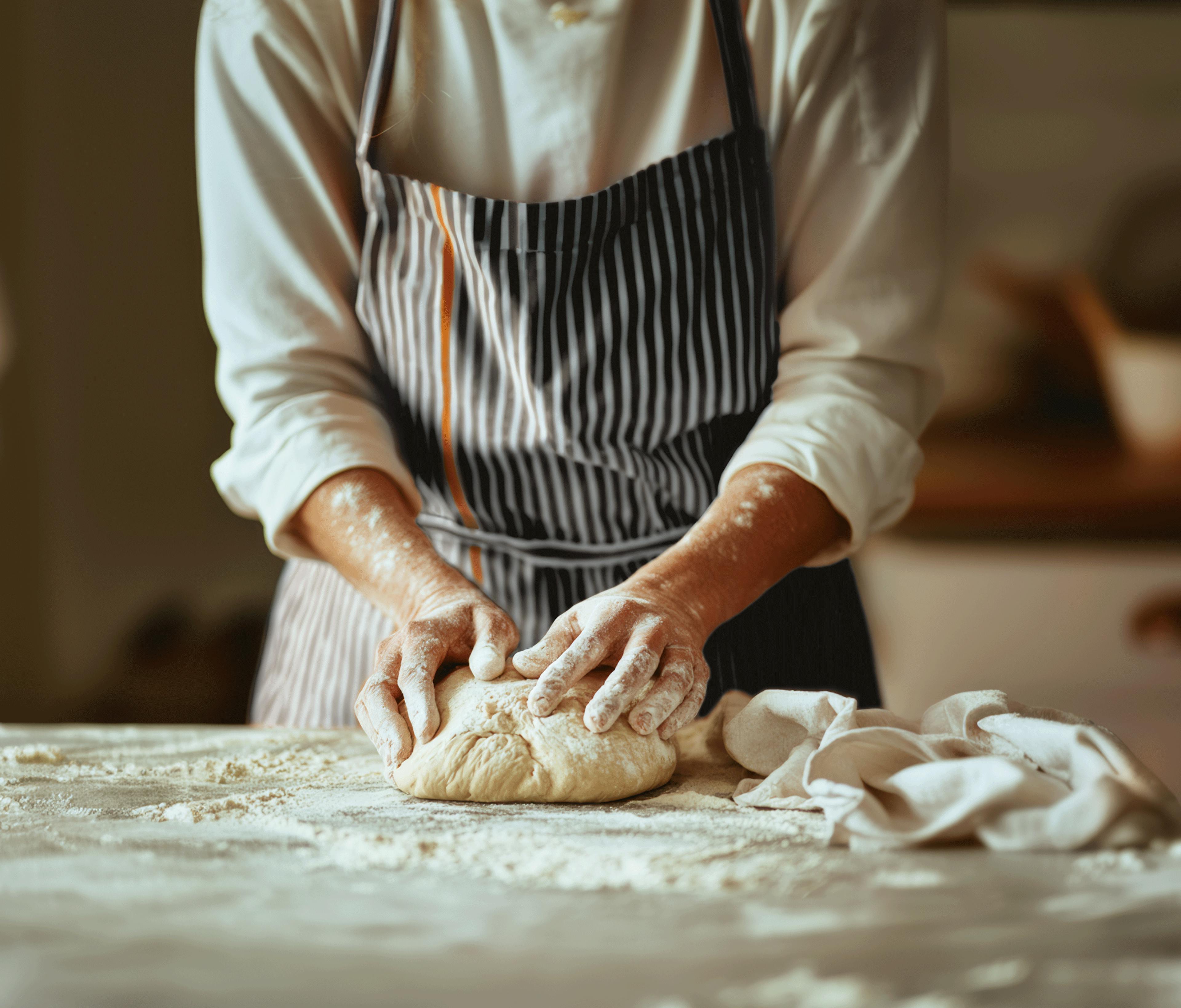 Person working on a dough with  Crosta Mollica’s striped apron.