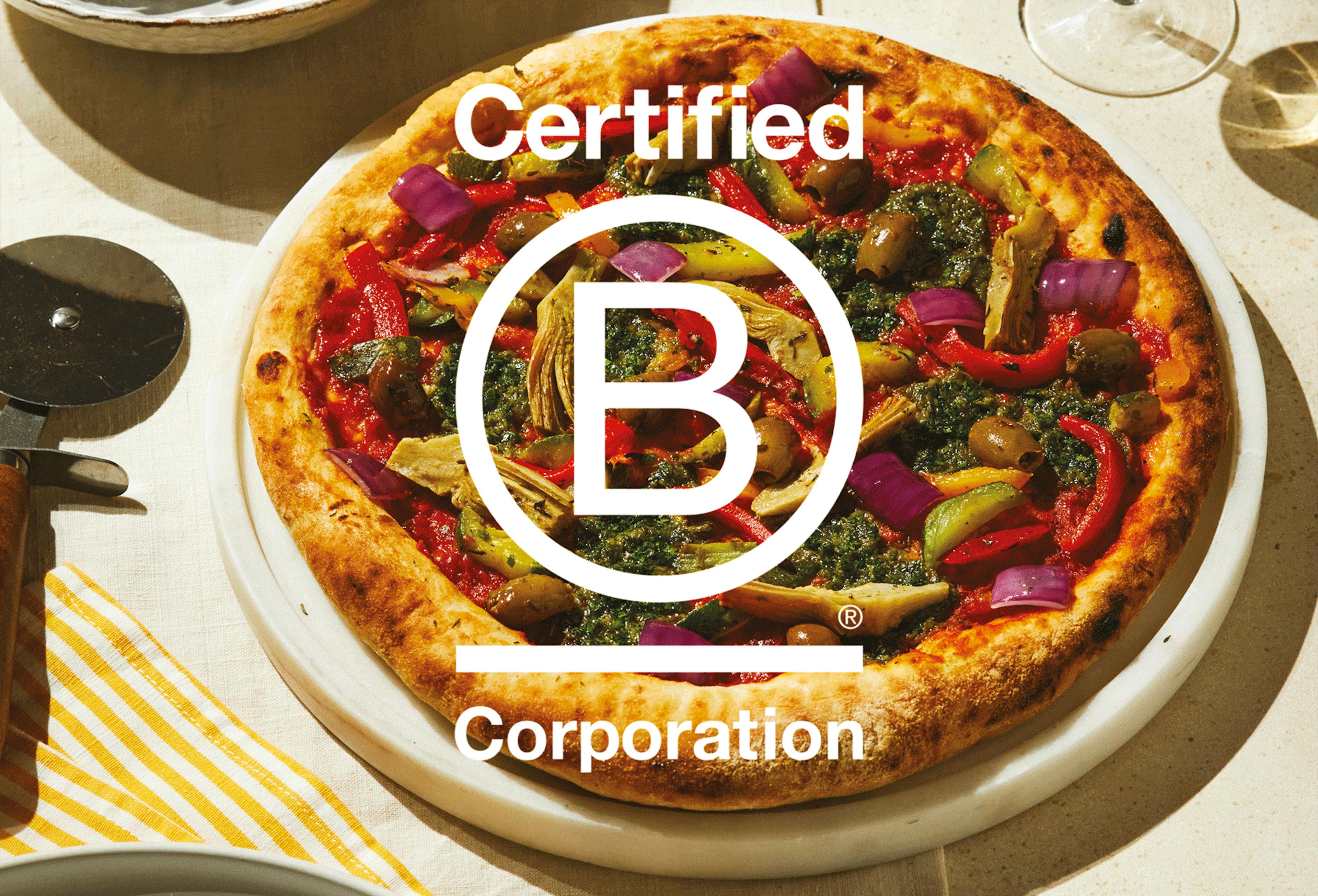 Crosta Mollica Verdure Pizza with B-corp’s logo.