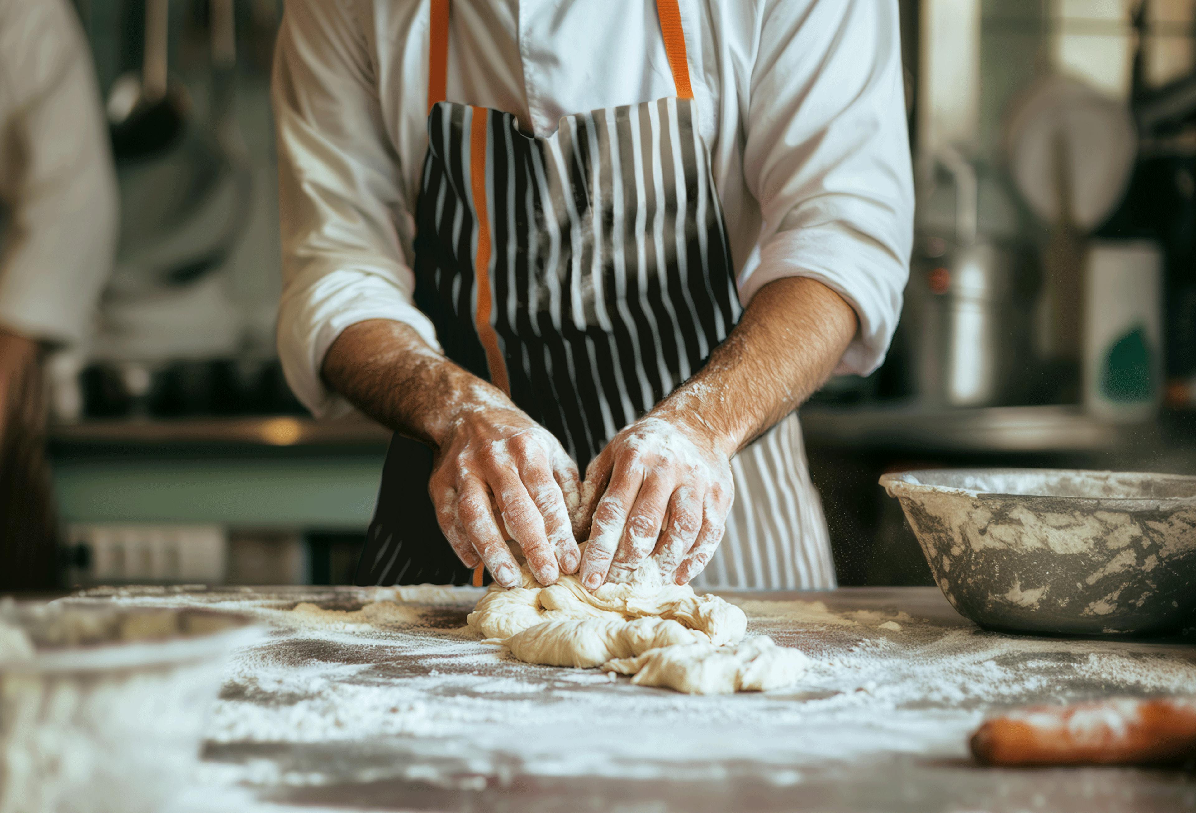 Person working on a dough with  Crosta Mollica’s striped apron.