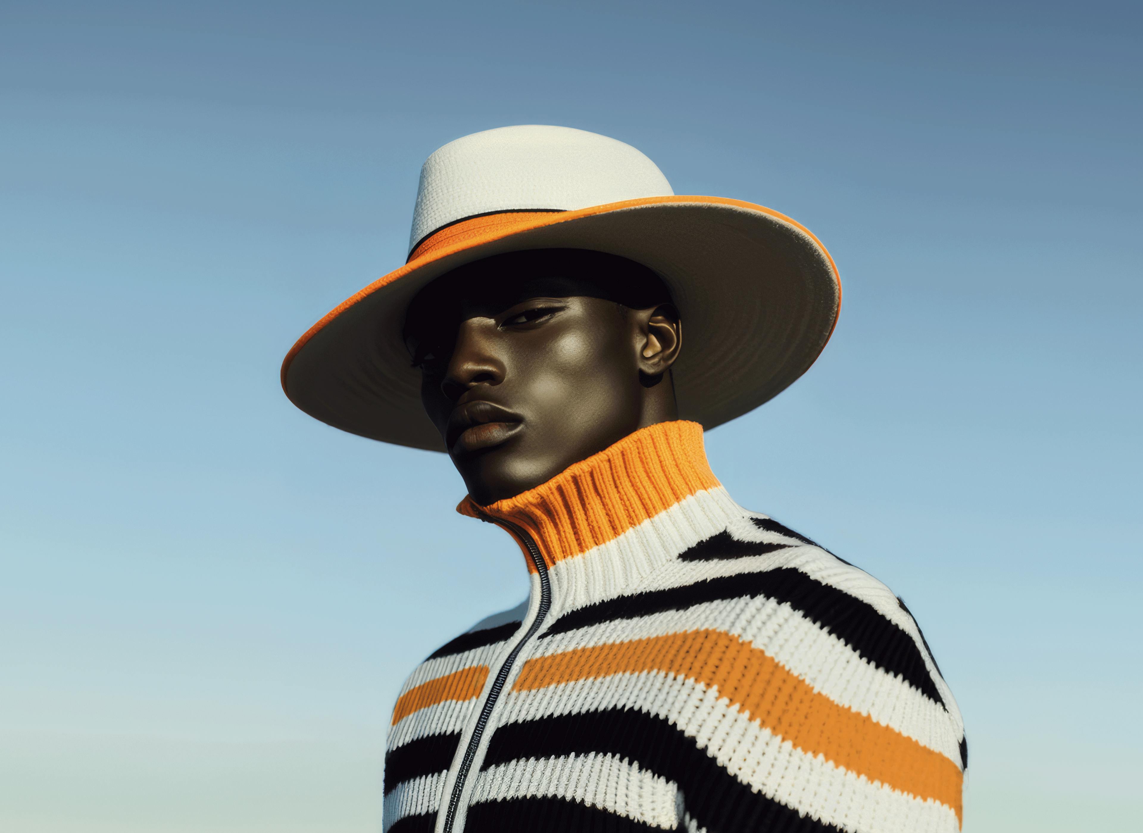 Man wearing a hat and jumper branded with Crosta Mollica’s stripes.