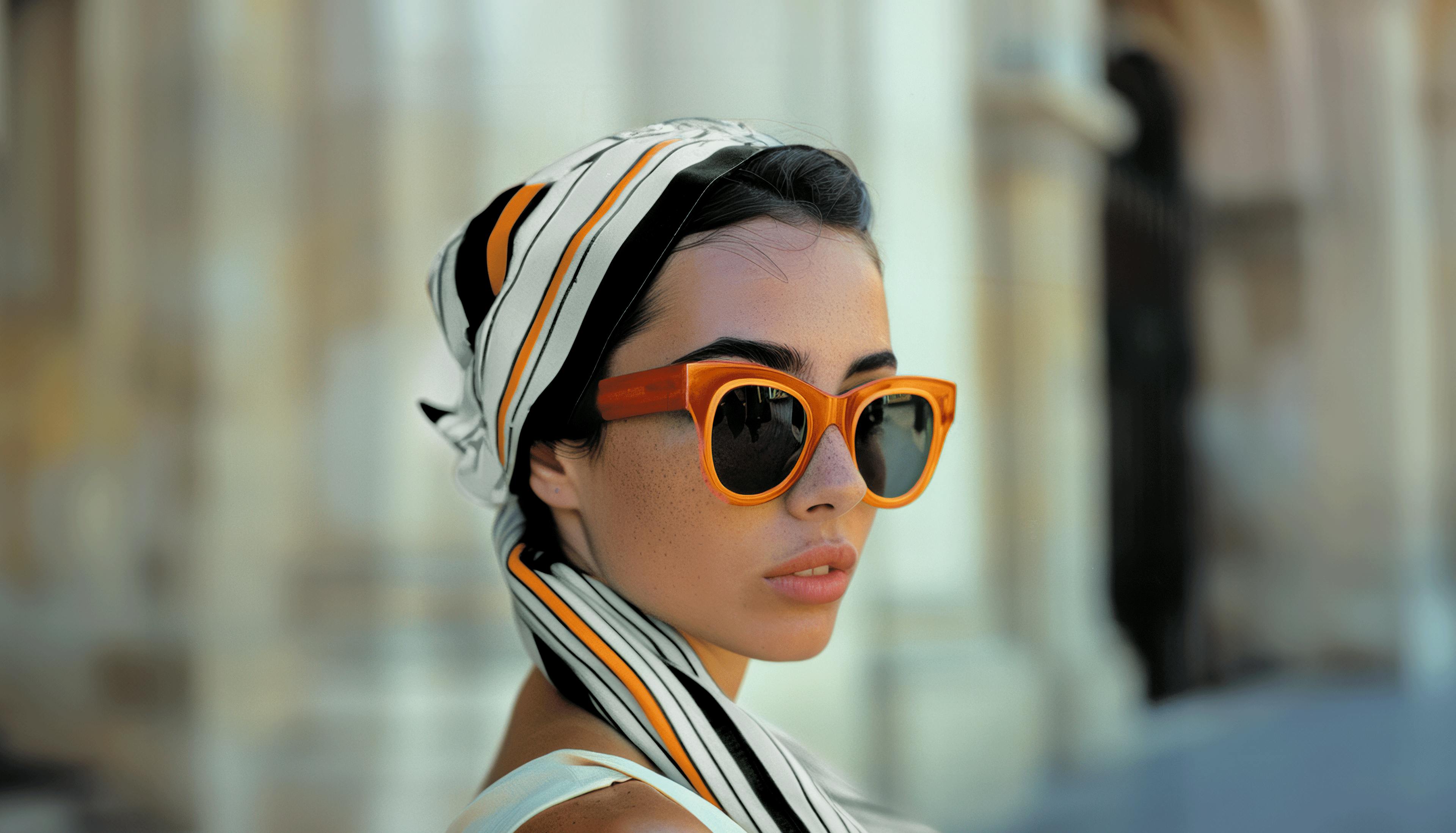 Woman wearing a scarf branded with Crosta Mollica’s stripes