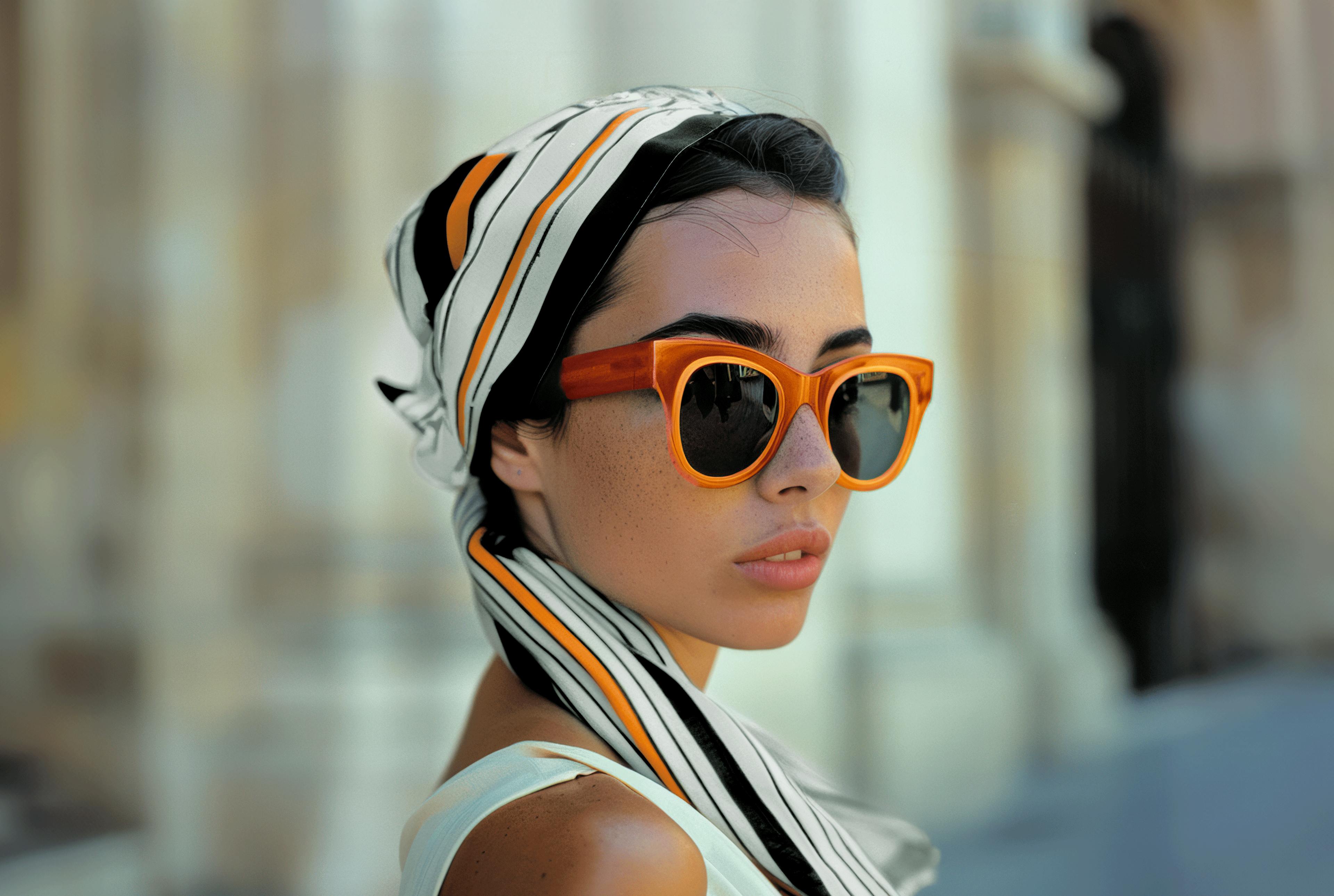 Woman wearing a scarf branded with Crosta Mollica’s stripes