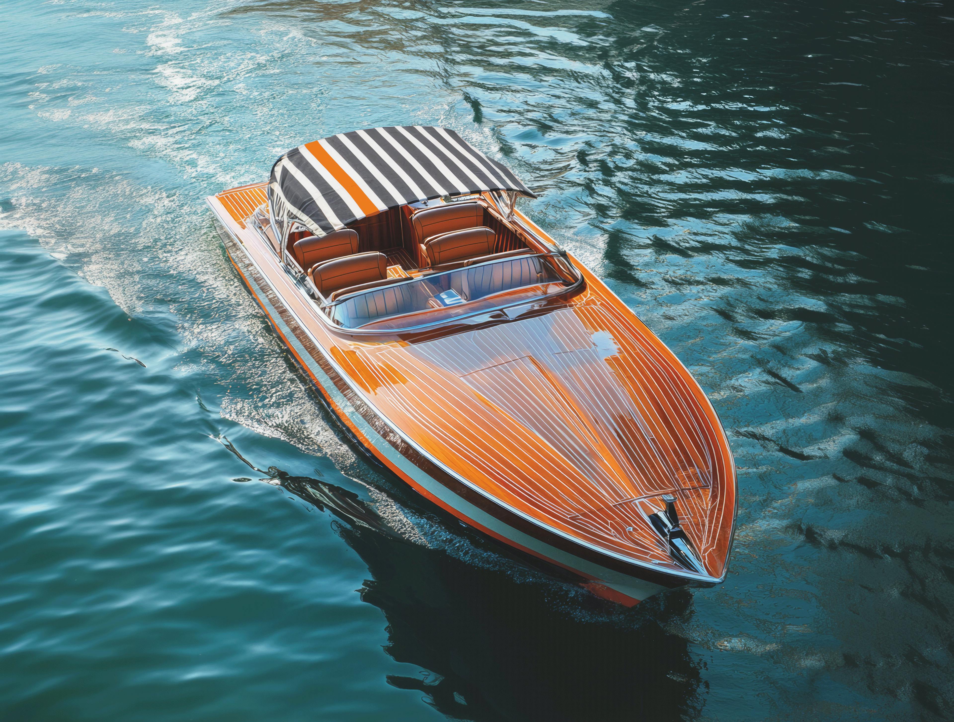 Boat on water branded with Crosta Mollica’s stripes.