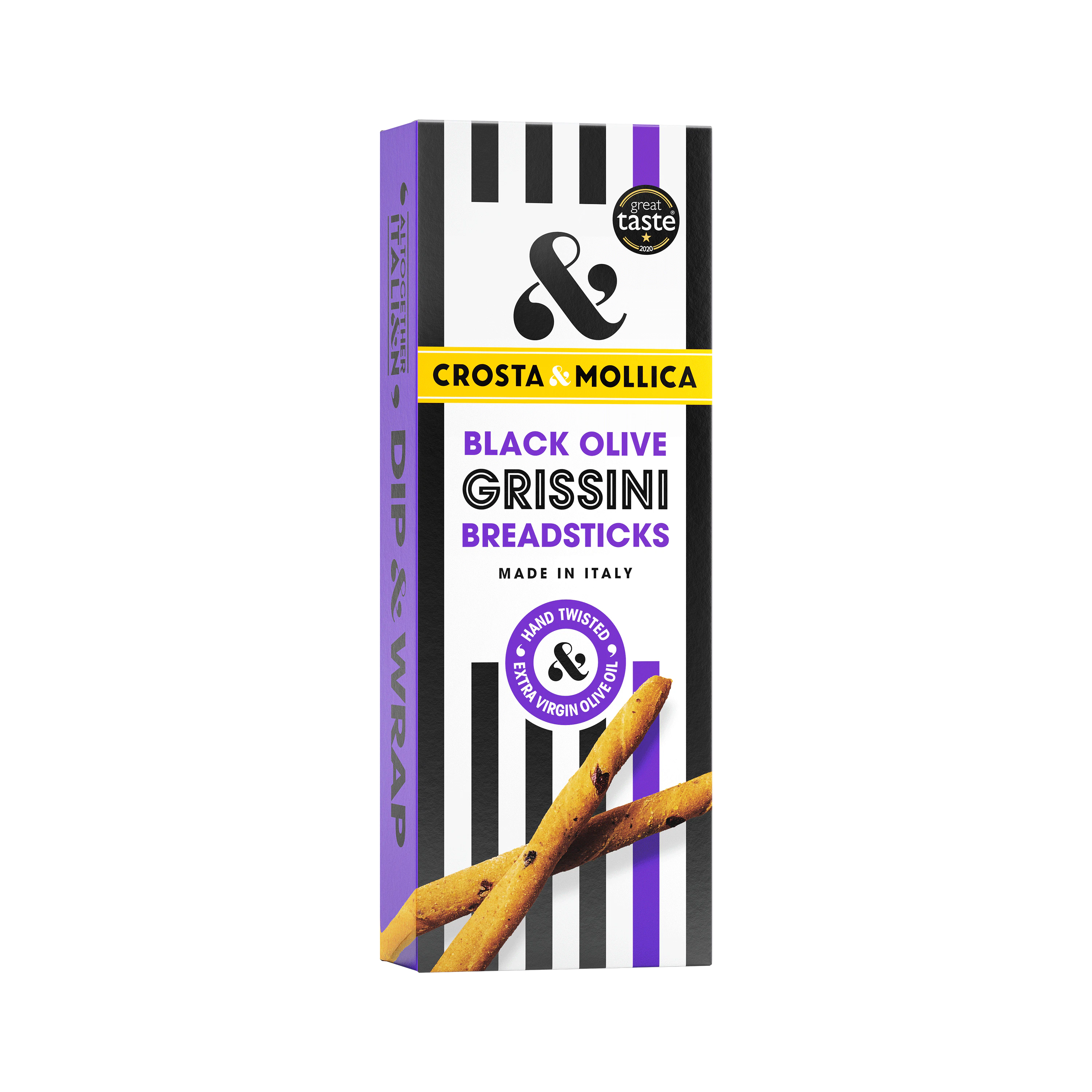 Black olive Grissini packaging.