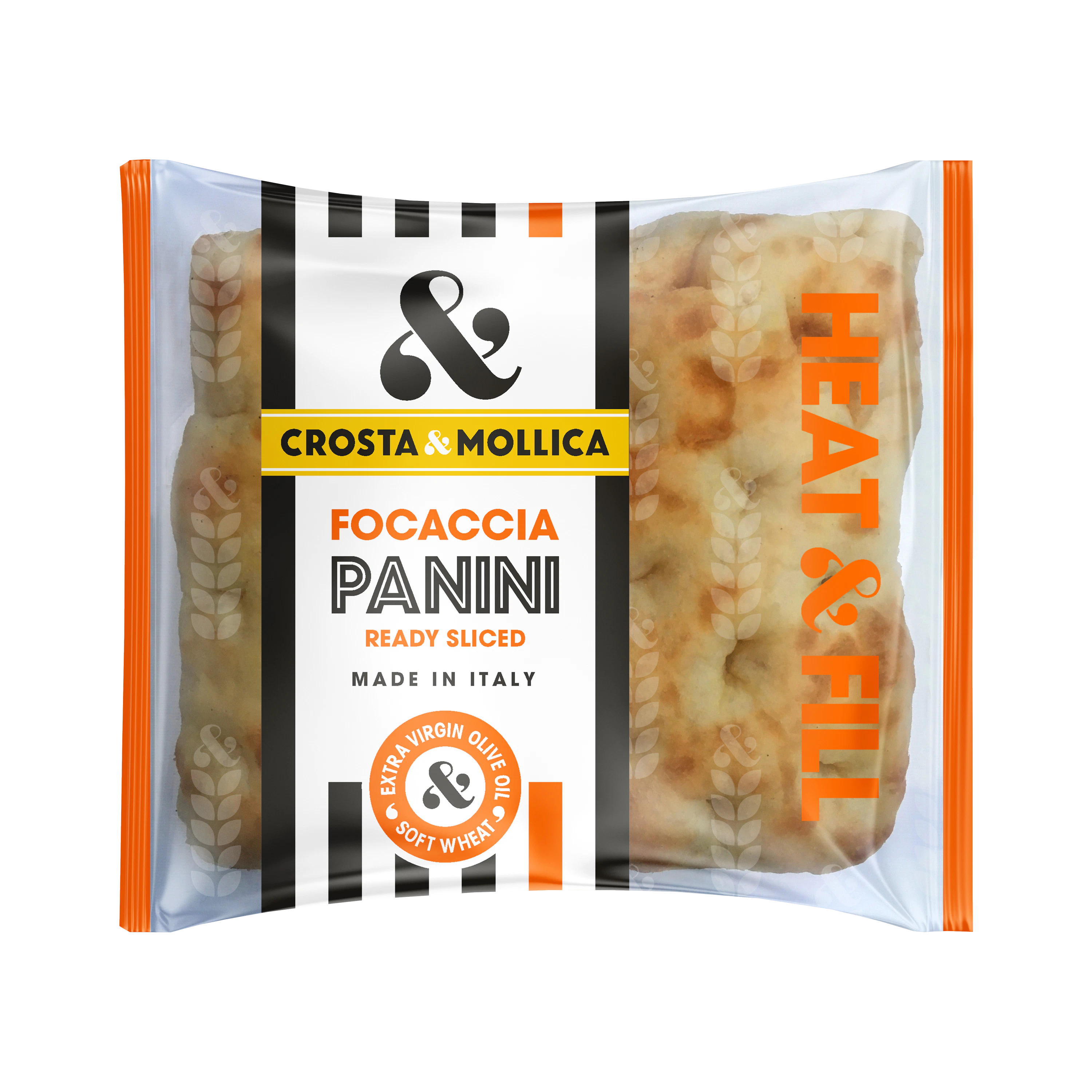 Focaccia Panini packaging, two loaves are visible through the packet.