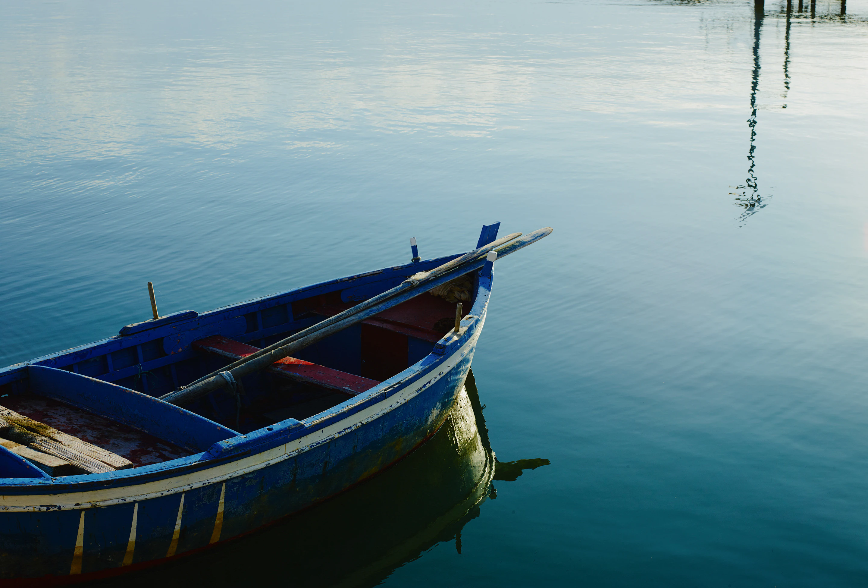 A blue rowing boat is in a still body of water.