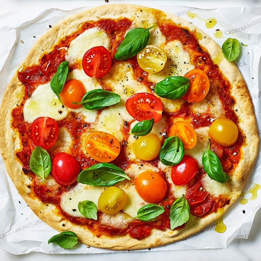 A close up of a Piadina pizza topped with tomatoes, mozzarella and fresh basil.