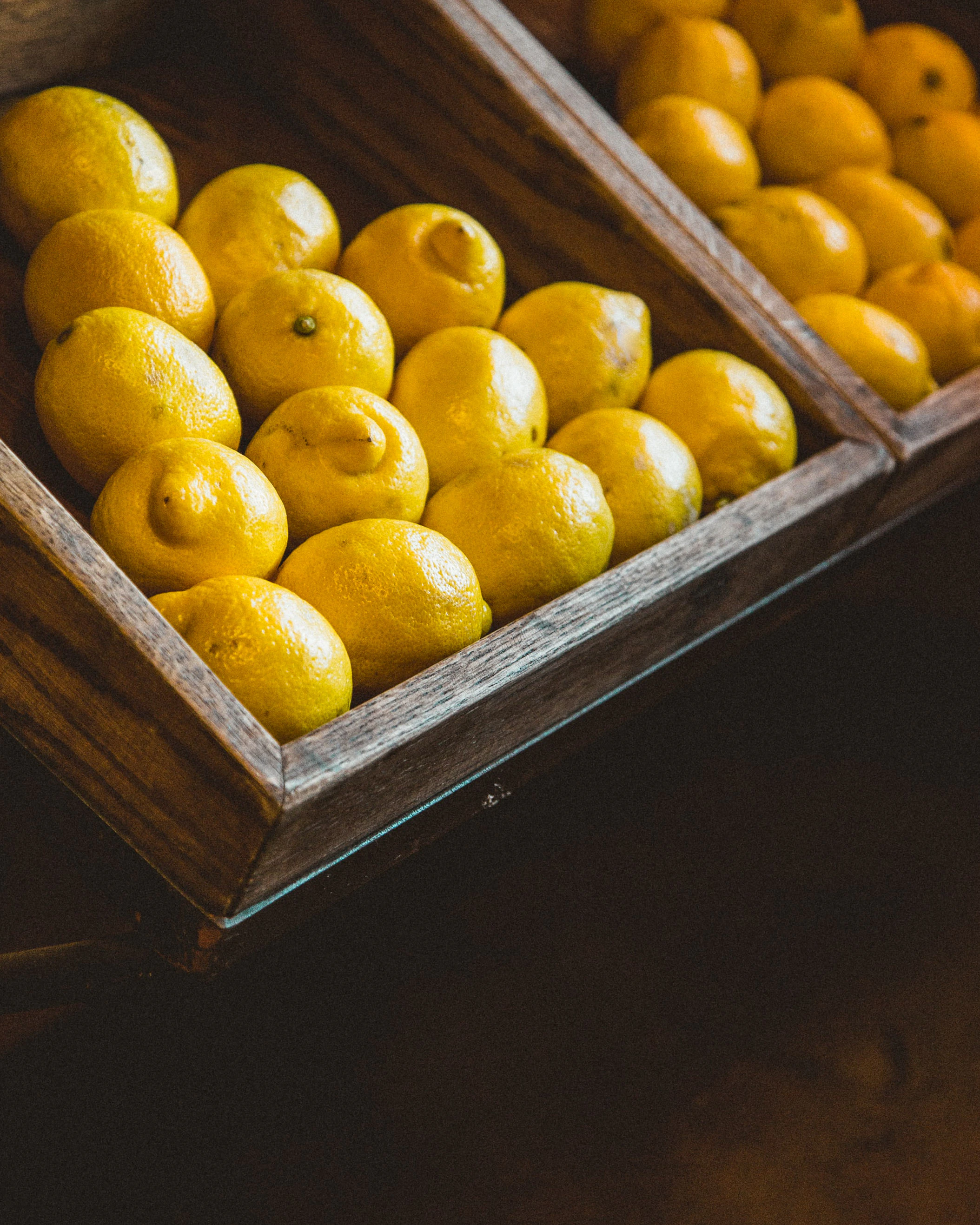 Lemons in wooden crates.