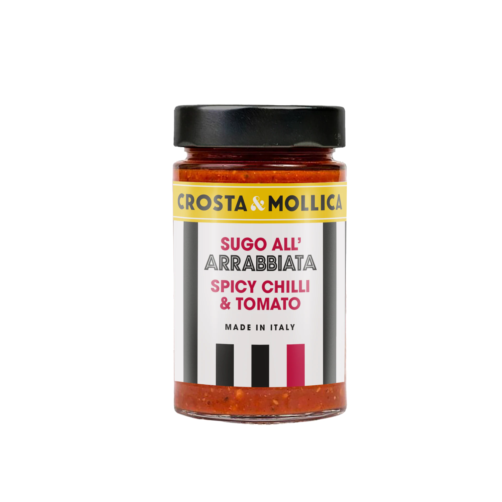 A jar of Sugo all'arrabiata, the label has white and black vertical stripes running down it and a black lid.