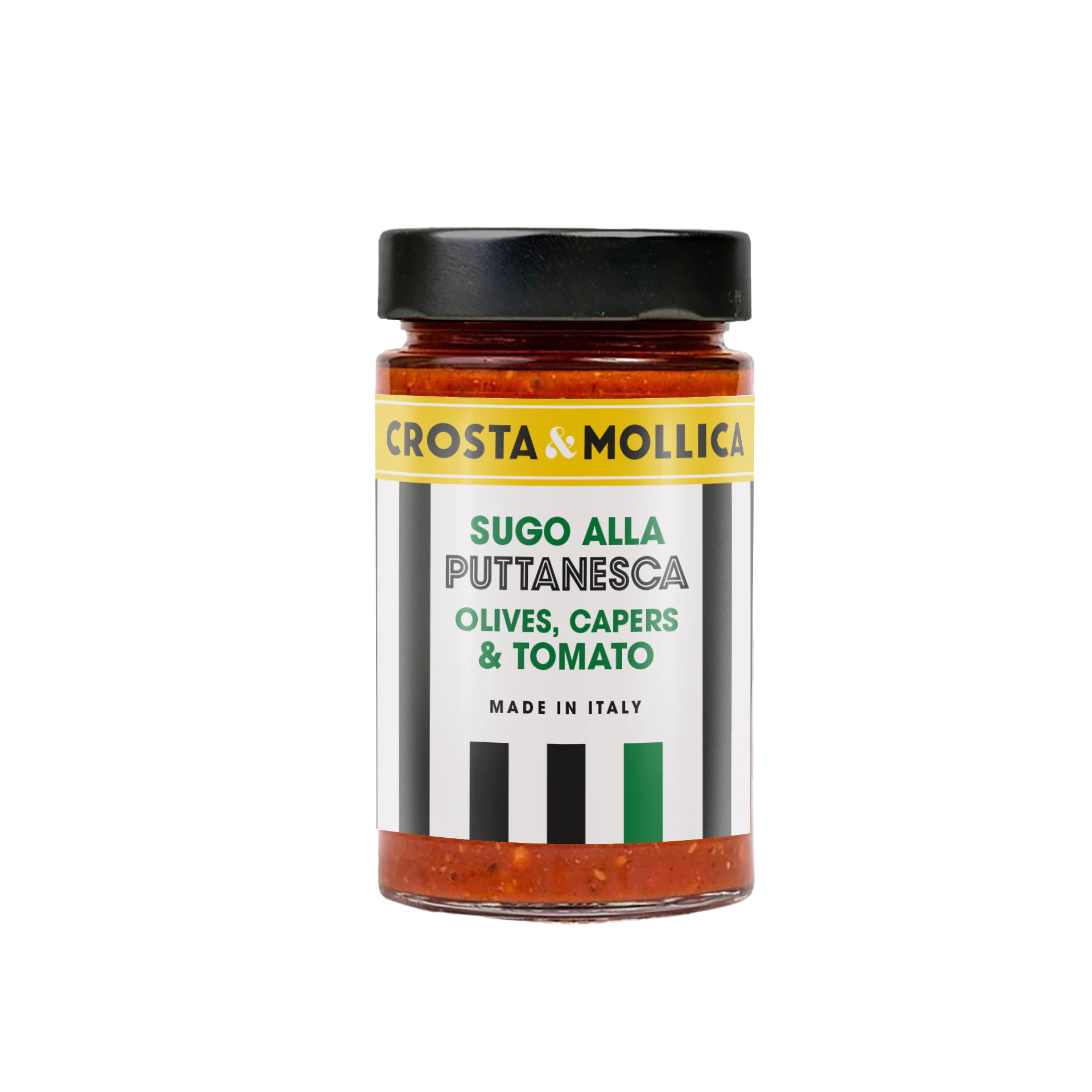 A jar of Sugo alla Puttanesca, the label has white and black vertical stripes running down it and a black lid.
