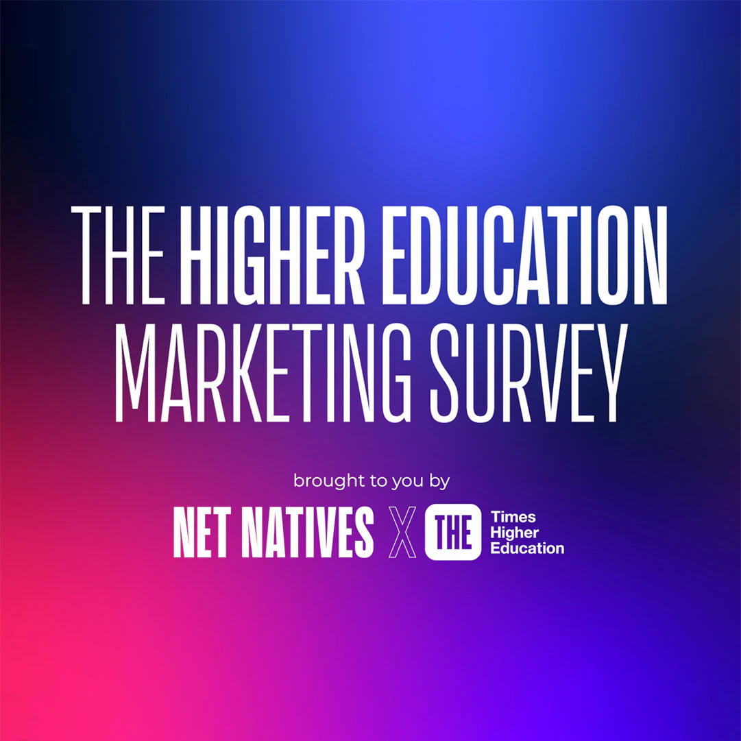Blue and purple Higher Education Marketing Survey graphic.