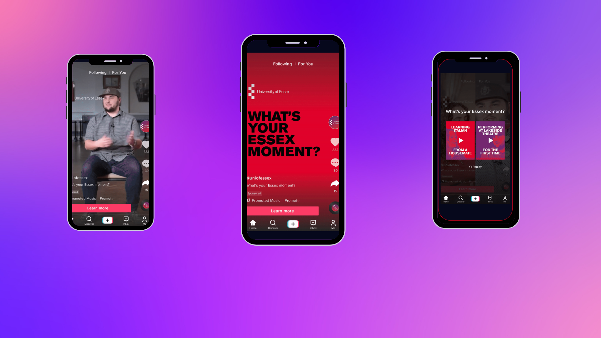 A purple gradient background featuring three phone mock ups of content from Essex's campaign, including user-generated footage and polls.
