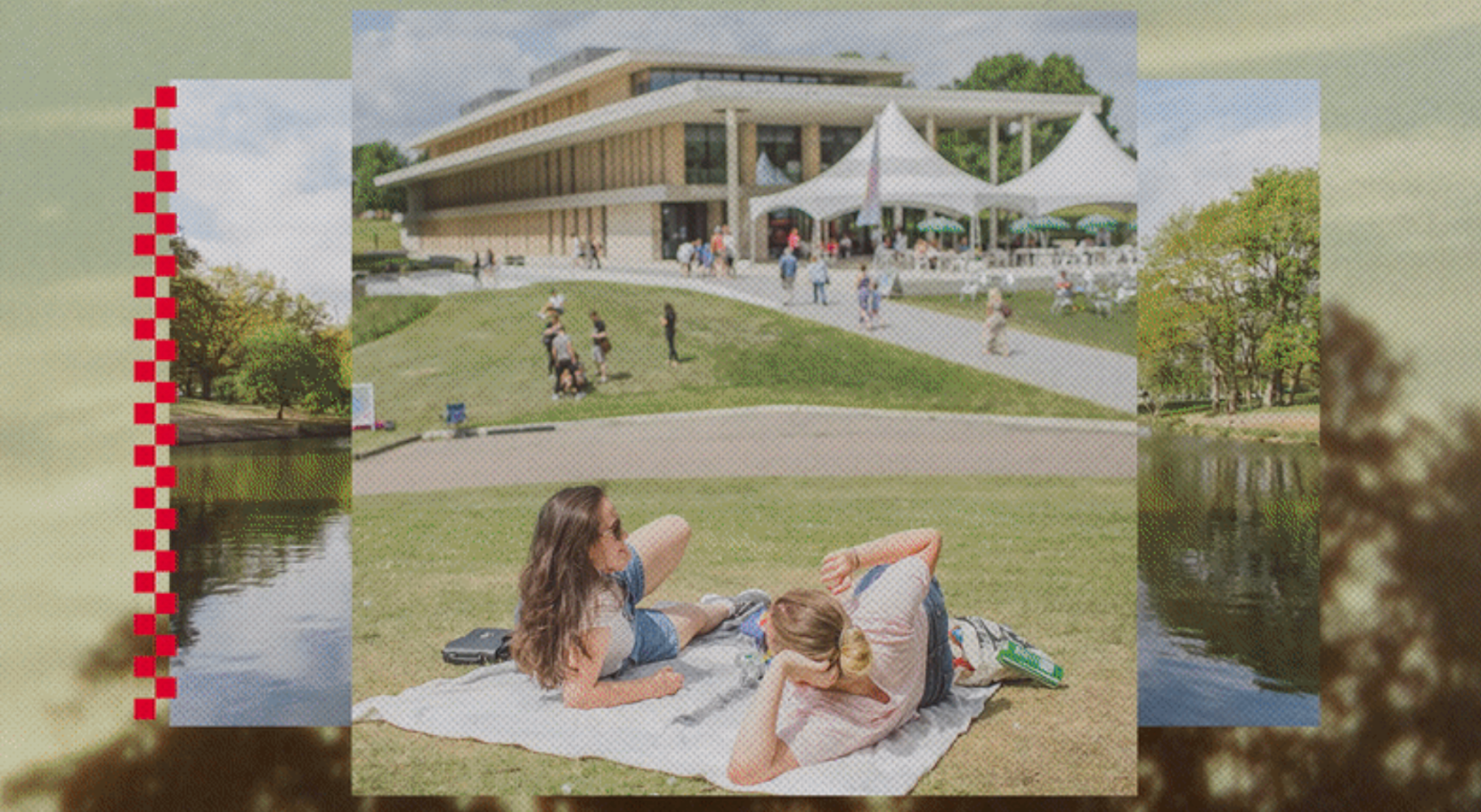 Two women sitting on a blanket outside the University of Essex campus