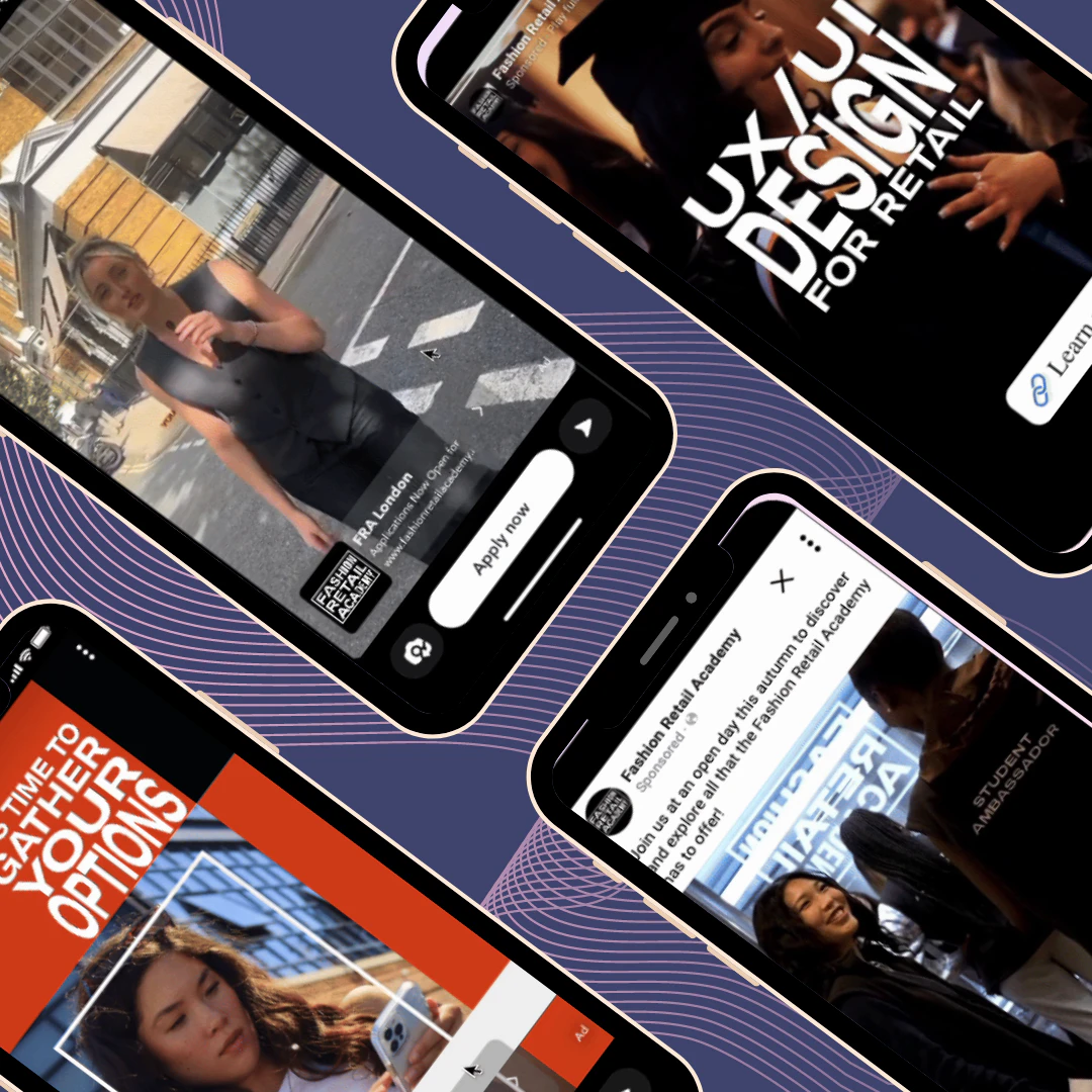 iPhones with the ads used in the campaign, featuring Facebook ads and user generated content from FRA's TikTok