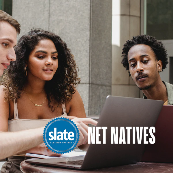 2 male and one female student, pointing at something on a laptop, Slate & Net Natives logo in the corner.