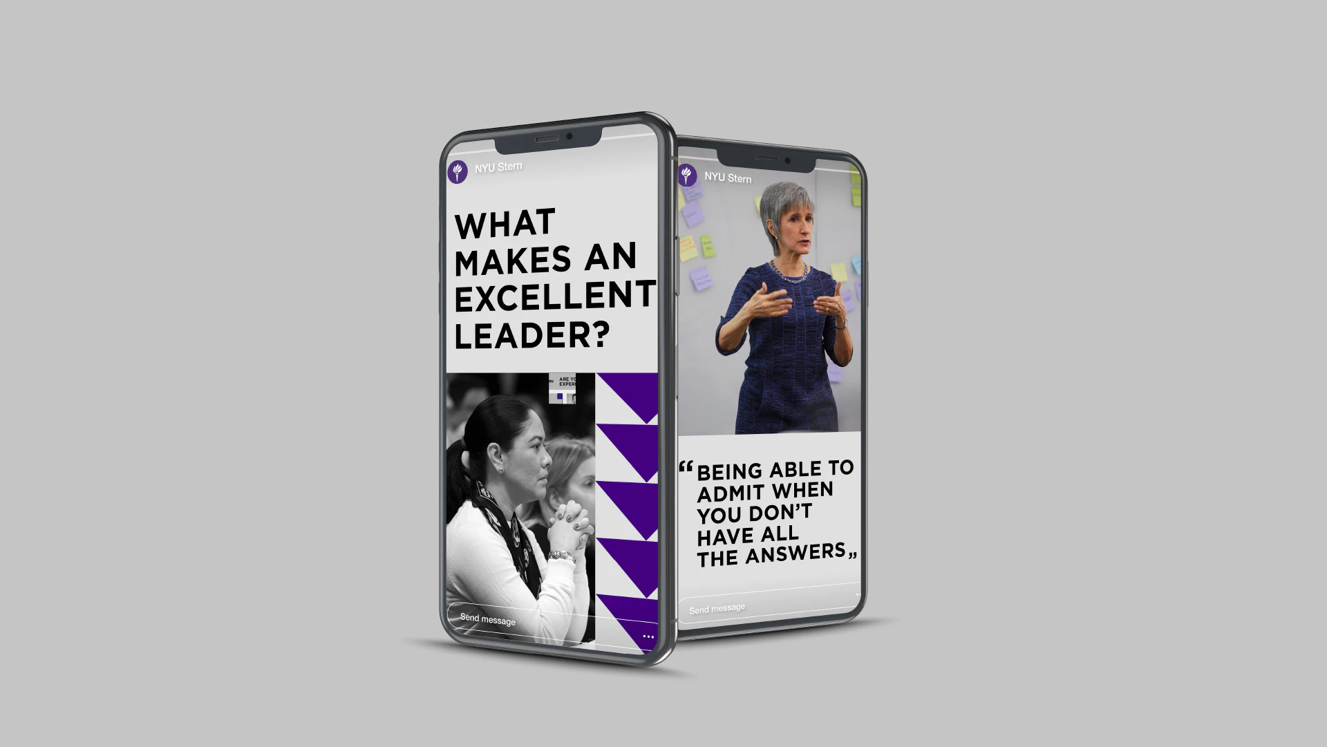 NYU Stern graphic that features the Open to Excellence campaign on a phone mock-up