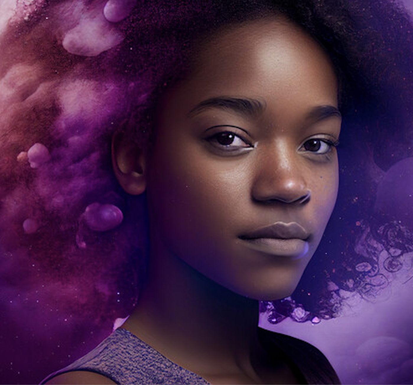 A woman facing the camera with a purple background.